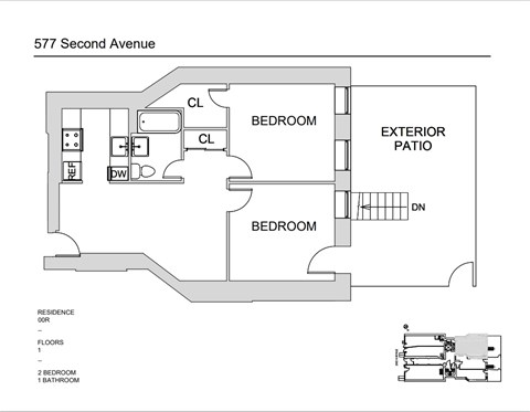 Floor plan for 2 beds, 1 bath, 742 sqft